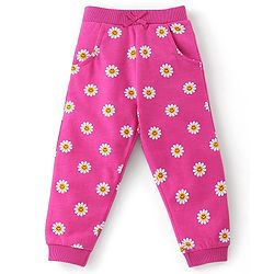 Babyhug 100% Cotton Knit to Knit Full Sleeves Hooded T-Shirt and Lounge Pant Floral Print - Fuchisa