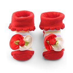 Cute Walk by Babyhug Sock Shoes With Flower Applique - Red