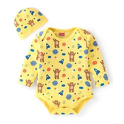 Babyhug 100% Cotton Interlock Knit Full Sleeves Onesie with Cap Bear Print - Yellow