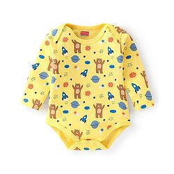 Babyhug 100% Cotton Interlock Knit Full Sleeves Onesie with Cap Bear Print - Yellow