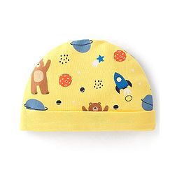 Babyhug 100% Cotton Interlock Knit Full Sleeves Onesie with Cap Bear Print - Yellow