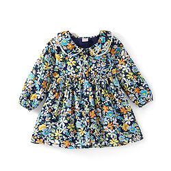 Babyhug Rayon Woven Full Sleeves Floral Printed Frock with Frill Detailing - Navy Blue