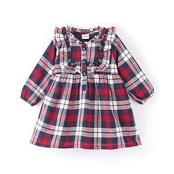 Babyhug Yarn Dyed Checks Full Sleeves Dress With Frill Detailing - Red