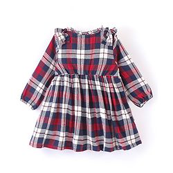Babyhug Yarn Dyed Checks Full Sleeves Dress With Frill Detailing - Red