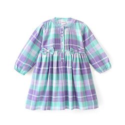 Babyhug Cotton Knit Yarndyed Full Sleeves Frock With Bow Applique Checkered - Lilac & Blue