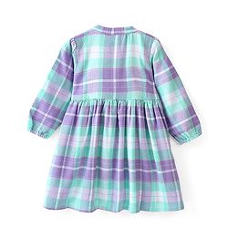 Babyhug Cotton Knit Yarndyed Full Sleeves Frock With Bow Applique Checkered - Lilac & Blue