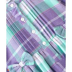 Babyhug Cotton Knit Yarndyed Full Sleeves Frock With Bow Applique Checkered - Lilac & Blue