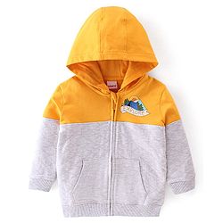 Babyhug Cotton Knit Full Sleeves Hoodie With Quilting Detailing & Text Print - Yellow & Grey