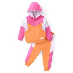Babyhug 100% Cotton Knit Full Sleeves Hooded Sweatshirt & Lounge Pant Set with Text Print - Pink & Orange