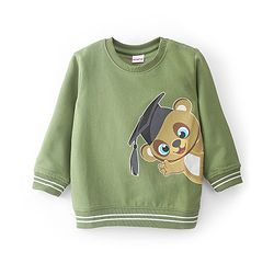 Babyhug Cotton Knit Full Sleeves Bear Printed Sweatshirt - Olive Green