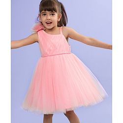 Babyhug Sleeveless Corsage & Pearl Detailing Mesh Party Frock - Peach
