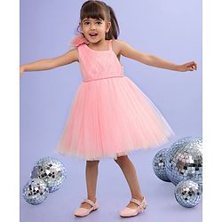 Babyhug Sleeveless Corsage & Pearl Detailing Mesh Party Frock - Peach