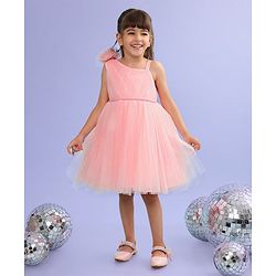 Babyhug Sleeveless Corsage & Pearl Detailing Mesh Party Frock - Peach