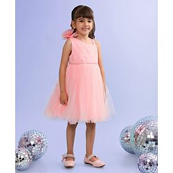 Babyhug Sleeveless Corsage & Pearl Detailing Mesh Party Frock - Peach