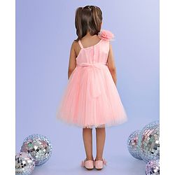 Babyhug Sleeveless Corsage & Pearl Detailing Mesh Party Frock - Peach