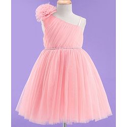 Babyhug Sleeveless Corsage & Pearl Detailing Mesh Party Frock - Peach