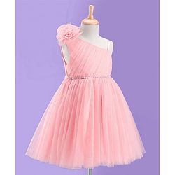 Babyhug Sleeveless Corsage & Pearl Detailing Mesh Party Frock - Peach