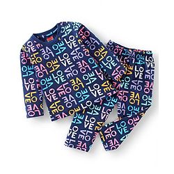 Babyhug Cotton Knit Full Sleeves Night Suit with Text Print - Navy Blue