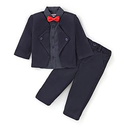 Babyhug Full Sleeves  Party Suit with Stretch & Bow Polka Dots Print - Navy Blue