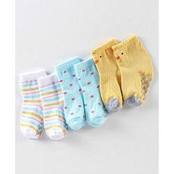 Cute Walk By Babyhug Anti Bacterial Anti Skid Ankle Length Socks Striped Print Pack Of 3 - Yellow Blue & White