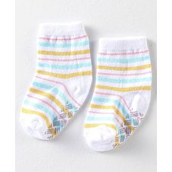 Cute Walk By Babyhug Anti Bacterial Anti Skid Ankle Length Socks Striped Print Pack Of 3 - Yellow Blue & White