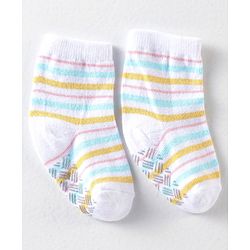 Cute Walk By Babyhug Anti Bacterial Anti Skid Ankle Length Socks Striped Print Pack Of 3 - Yellow Blue & White