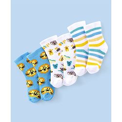 Cutewalk By Babyhug Cotton Anti Bacterial Ankle Length Socks Stripes & Tiger Design Pack Of 3- Blue White & Yellow