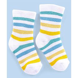 Cutewalk By Babyhug Cotton Anti Bacterial Ankle Length Socks Stripes & Tiger Design Pack Of 3- Blue White & Yellow