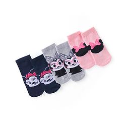 Cute Walk Disney by Babyhug Cotton Knit Anti Bacterial Ankle Length Socks Minnie Mouse Design Pack of 3 - Black Pink & Grey