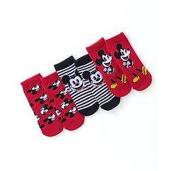 Cute Walk Disney by Babyhug Cotton Knit Ankle Length Anti Bacterial Socks Stripes & Mickey Mouse Design Pack of 3 - Red Black & Grey