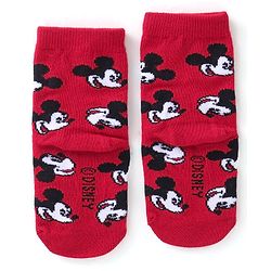 Cute Walk Disney by Babyhug Cotton Knit Ankle Length Anti Bacterial Socks Stripes & Mickey Mouse Design Pack of 3 - Red Black & Grey
