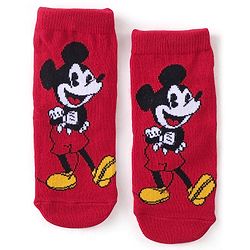 Cute Walk Disney by Babyhug Cotton Knit Ankle Length Anti Bacterial Socks Stripes & Mickey Mouse Design Pack of 3 - Red Black & Grey
