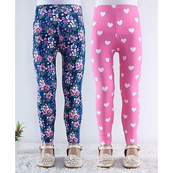 Babyhug Cotton Lycra Knit Full Length Hearts & Floral Printed Leggings Pack of 2 - Multicolour