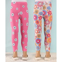 Babyhug Cotton Lycra Full Length Leggings With Stretch Floral Print Pack of 2 - Multicolor
