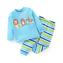 Babyhug Cotton Knit Full Sleeves Wild Animals Printed Night Suit - Blue