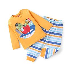 Babyhug Cotton Knit Full Sleeves Night Suit With Caterpillar Print - Yellow
