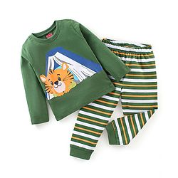 Babyhug Cotton Knit Full Sleeves Tiger Printed Night Suit - Green