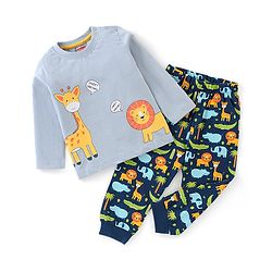 Babyhug Cotton Knit Full Sleeves Lion & Giraffe  Printed Night Suit - Blue