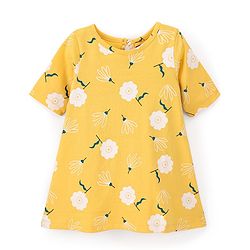 Babyhug Cotton Knit Half Sleeves Floral Printed Nighty - Yellow