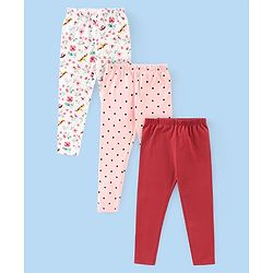 Babyhug Cotton Lycra Full Length Leggings Floral Print Pack of 3 - White Pink & Red