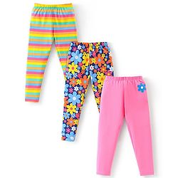 Babyhug Cotton Lycra Full Length Stretchable Legging Stripes & Floral Print Pack Of 3 - Pink Blue & Yellow