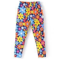 Babyhug Cotton Lycra Full Length Stretchable Legging Stripes & Floral Print Pack Of 3 - Pink Blue & Yellow
