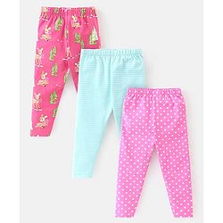 Babyhug Cotton Lycra Knit Full Length Leggings with Stretch & Heart Print Pack of 3 - Pink & Blue