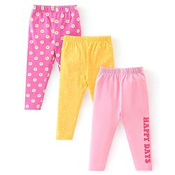 Babyhug Cotton Lycra Knit Full Length Leggings with Stretch & Floral Print Pack of 3 - Pink & Yellow