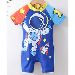 Babyhug Half Sleeves Legged Swimsuit Astronaut Print - Blue