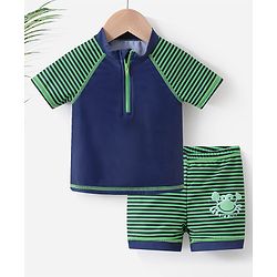 Babyhug Half Sleeves Two Piece Striped Swimsuit - Navy Blue