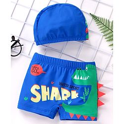 Babyhug Swimming Trunks with Cap Shark Print - Blue