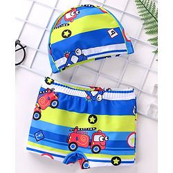 Babyhug Swimming Trunks with Cap Vehicle Print - Blue