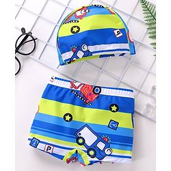 Babyhug Swimming Trunks with Cap Vehicle Print - Blue