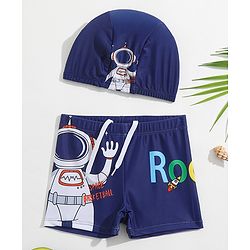 Babyhug Swimming Trunks with Cap Astronaut Print - Blue